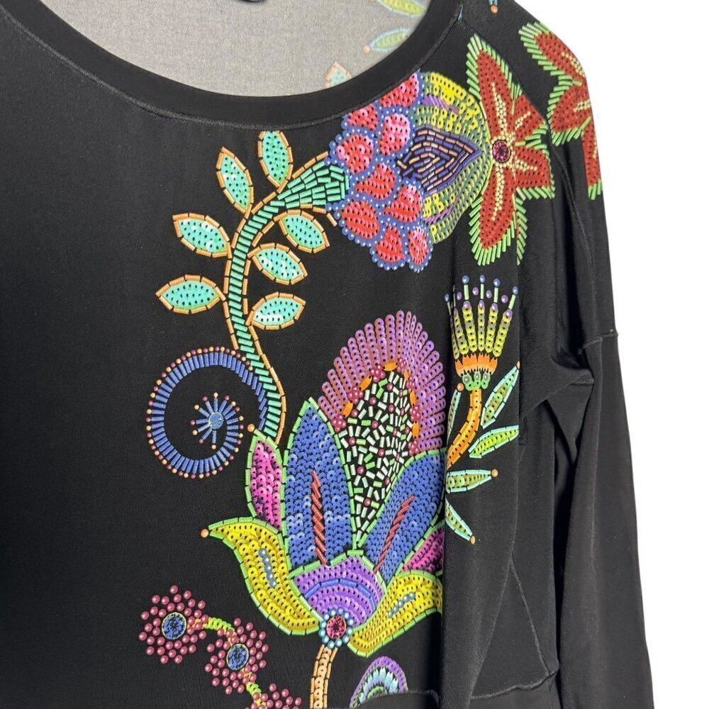 Eva Varro slinky jersey top black size small dolman sleeves bright print shirt - Picture 4 of 7